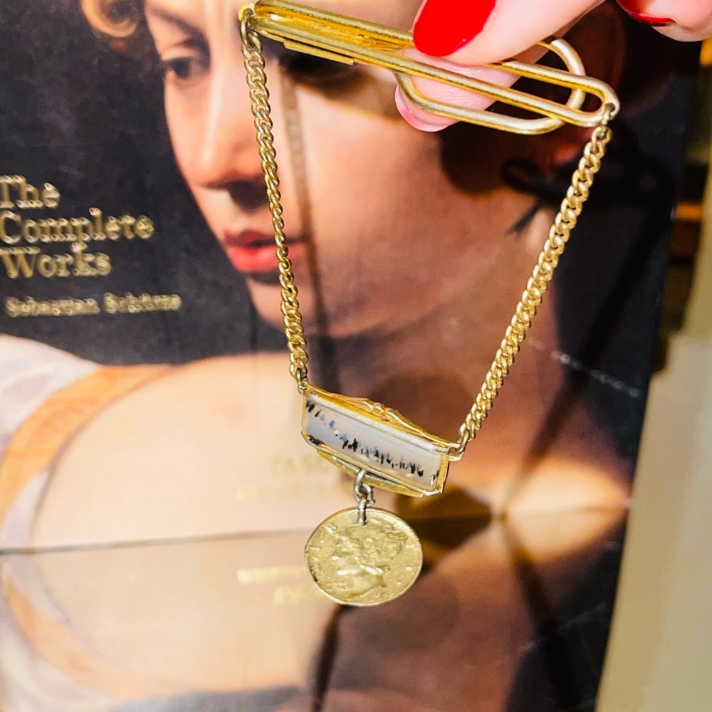 RARE Vintage Gold Tie Clip with chain and hanging stone and vintage coin detail